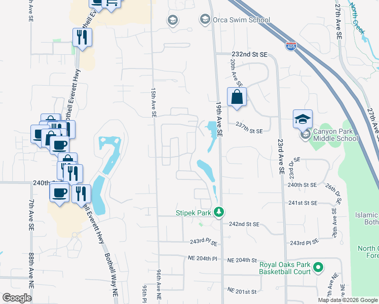 map of restaurants, bars, coffee shops, grocery stores, and more near 23825 15th Avenue Southeast in Bothell