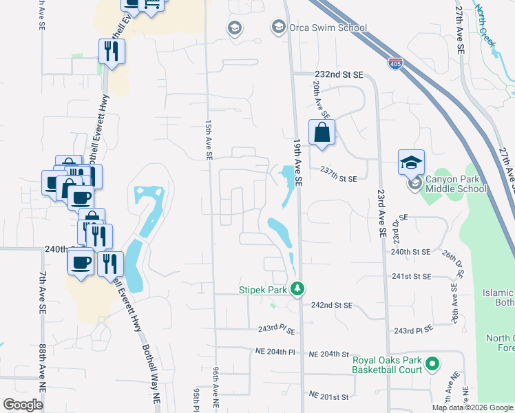 map of restaurants, bars, coffee shops, grocery stores, and more near 1725 242nd Street Southeast in Bothell
