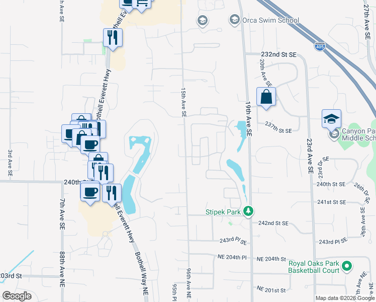 map of restaurants, bars, coffee shops, grocery stores, and more near 85 Spruce Court in Bothell