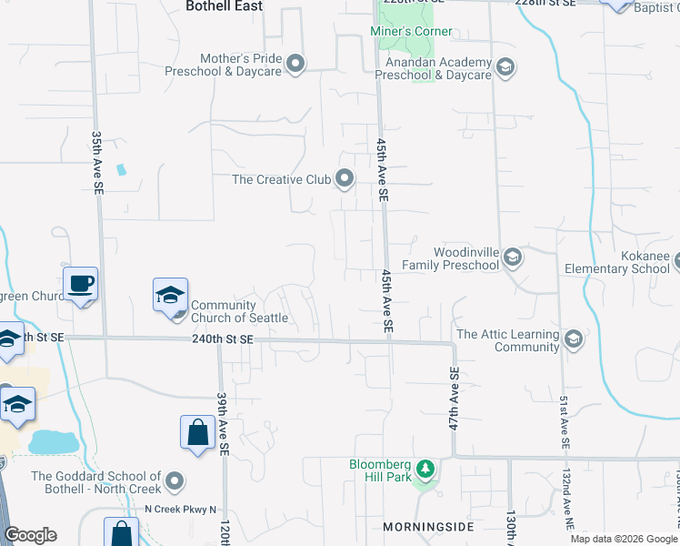 map of restaurants, bars, coffee shops, grocery stores, and more near 23706 43rd Drive Southeast in Bothell