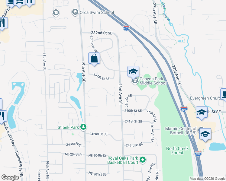 map of restaurants, bars, coffee shops, grocery stores, and more near 23714 22nd Drive Southeast in Bothell