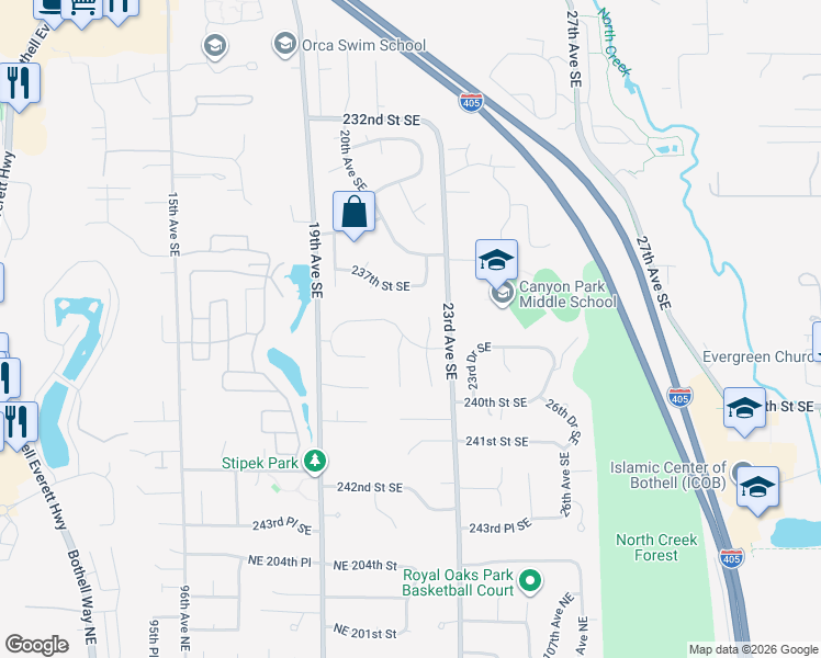map of restaurants, bars, coffee shops, grocery stores, and more near 23714 22nd Drive Southeast in Bothell