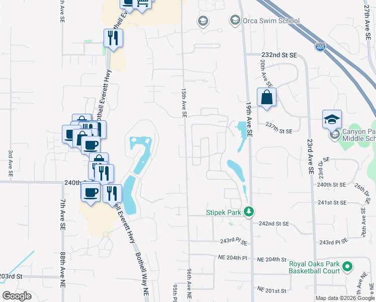 map of restaurants, bars, coffee shops, grocery stores, and more near 85 Spruce Court in Bothell