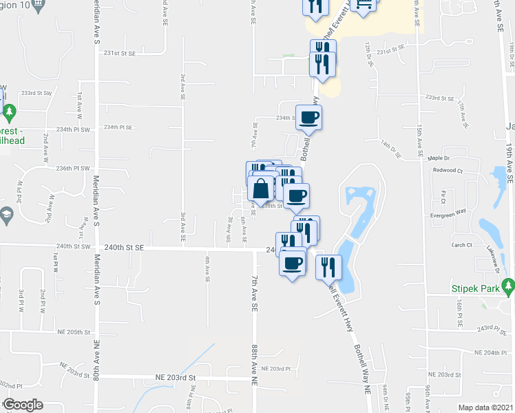 map of restaurants, bars, coffee shops, grocery stores, and more near 617 237th Place Southeast in Bothell