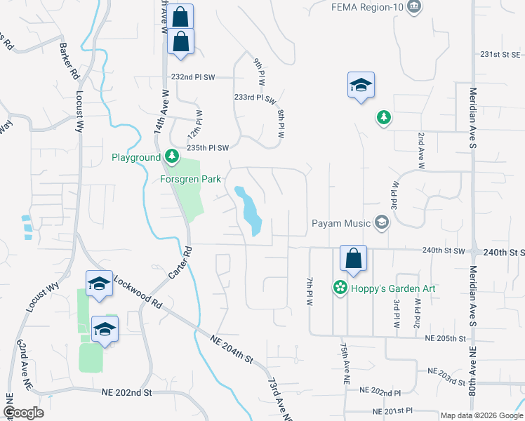 map of restaurants, bars, coffee shops, grocery stores, and more near 23803 Lake Drive East in Bothell