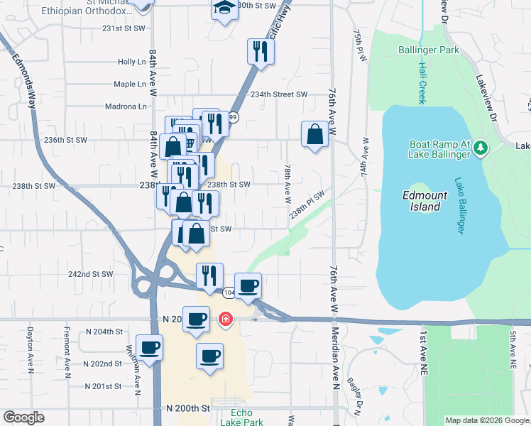 map of restaurants, bars, coffee shops, grocery stores, and more near 23824 79th Avenue West in Edmonds