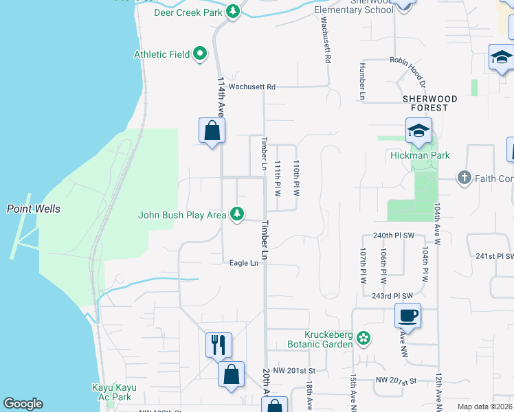 map of restaurants, bars, coffee shops, grocery stores, and more near 23832 Timber Lane in Woodway