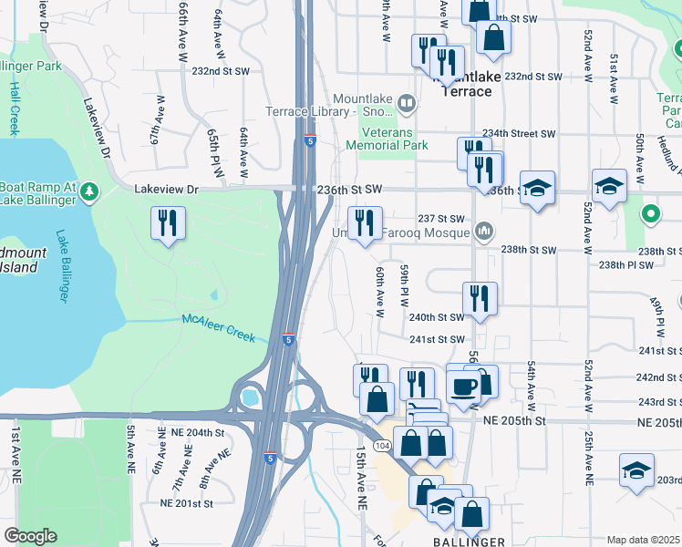 map of restaurants, bars, coffee shops, grocery stores, and more near 23905 Van Ry Boulevard in Mountlake Terrace
