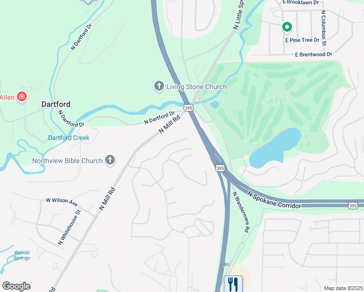 map of restaurants, bars, coffee shops, grocery stores, and more near 13737 North Mayfair Lane in Spokane