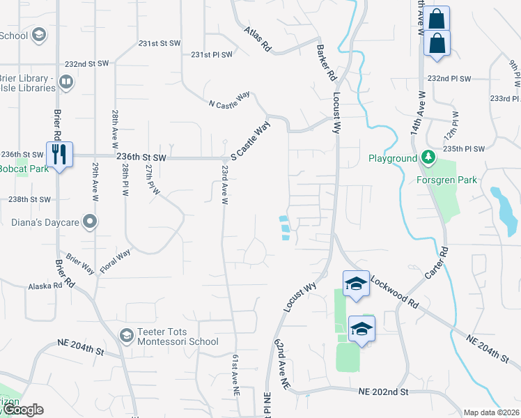 map of restaurants, bars, coffee shops, grocery stores, and more near 23806 22nd Avenue West in Bothell