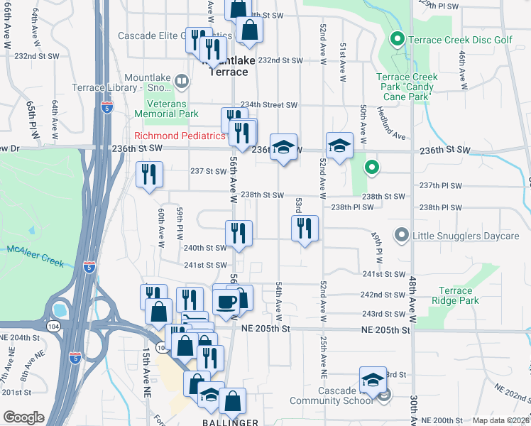 map of restaurants, bars, coffee shops, grocery stores, and more near 23805 55th Avenue West in Mountlake Terrace