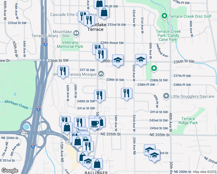 map of restaurants, bars, coffee shops, grocery stores, and more near 23805 55th Avenue West in Mountlake Terrace