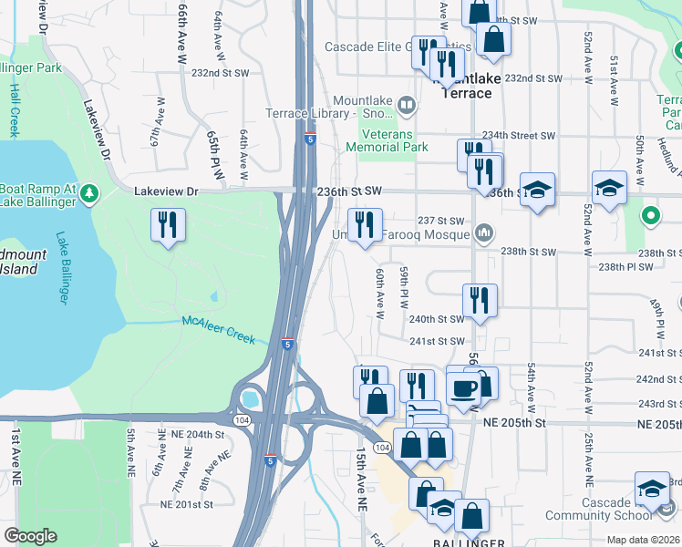 map of restaurants, bars, coffee shops, grocery stores, and more near 6004 237 Street Southwest in Mountlake Terrace