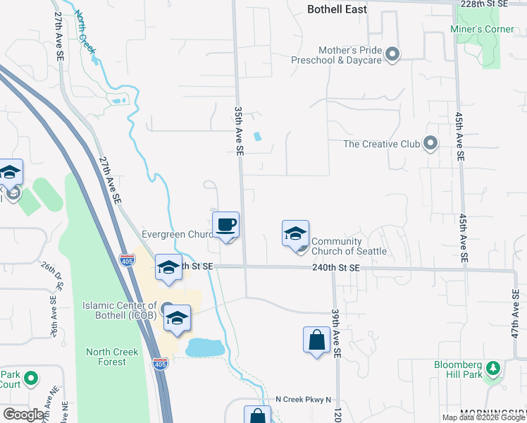 map of restaurants, bars, coffee shops, grocery stores, and more near 23123 35th Avenue Southeast in Bothell