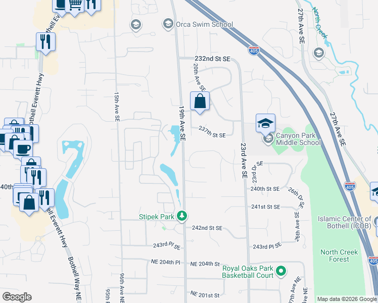 map of restaurants, bars, coffee shops, grocery stores, and more near 1921 237th Place Southeast in Bothell