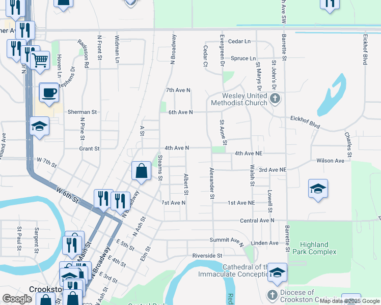 map of restaurants, bars, coffee shops, grocery stores, and more near 1014 Albert Street in Crookston