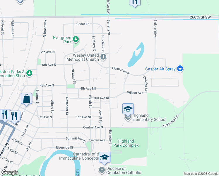 map of restaurants, bars, coffee shops, grocery stores, and more near 1104 Barrette Street in Crookston