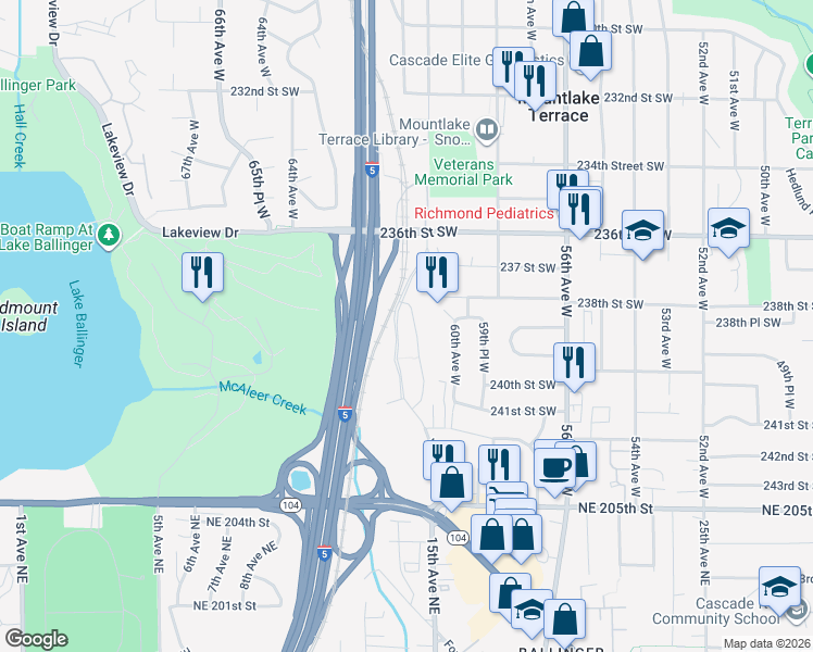 map of restaurants, bars, coffee shops, grocery stores, and more near 6004 237 Street Southwest in Mountlake Terrace