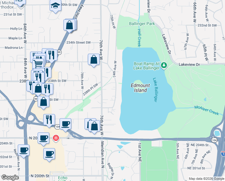 map of restaurants, bars, coffee shops, grocery stores, and more near 23832 74th Avenue West in Edmonds