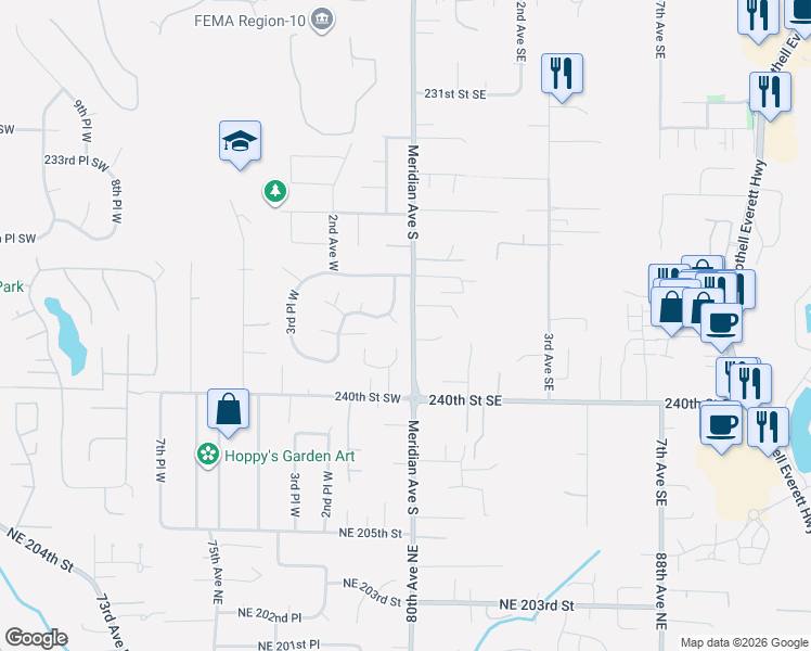 map of restaurants, bars, coffee shops, grocery stores, and more near 23707 Meridian Place West in Bothell