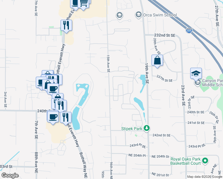 map of restaurants, bars, coffee shops, grocery stores, and more near 85 Spruce Court in Bothell