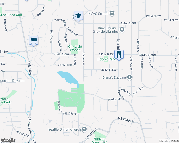 map of restaurants, bars, coffee shops, grocery stores, and more near 3418 238th Street Southwest in Brier