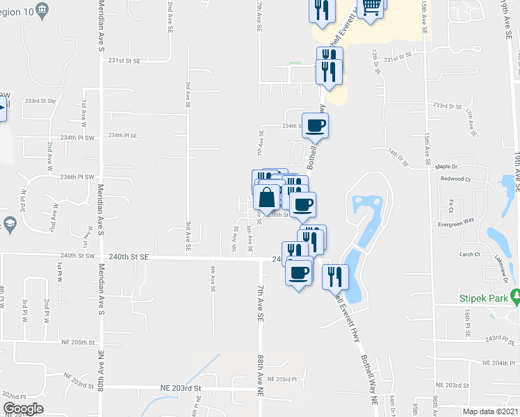 map of restaurants, bars, coffee shops, grocery stores, and more near 617 237th Place Southeast in Bothell