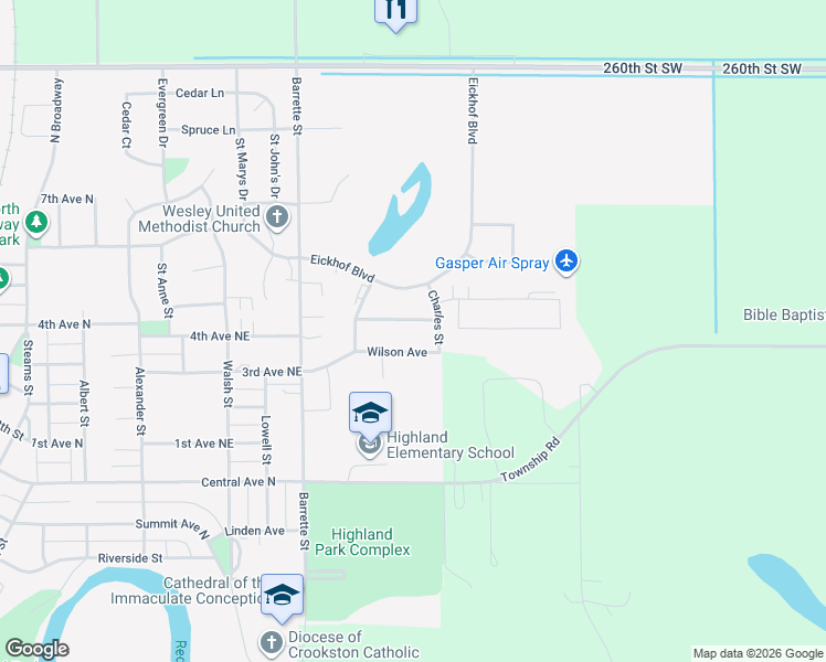 map of restaurants, bars, coffee shops, grocery stores, and more near 1106 Wilson Avenue in Crookston