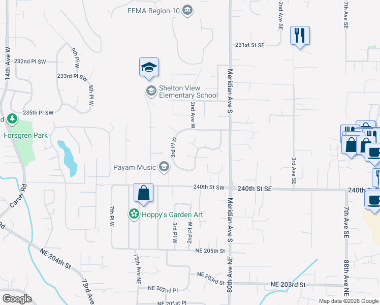 map of restaurants, bars, coffee shops, grocery stores, and more near 219 238th Street Southwest in Bothell