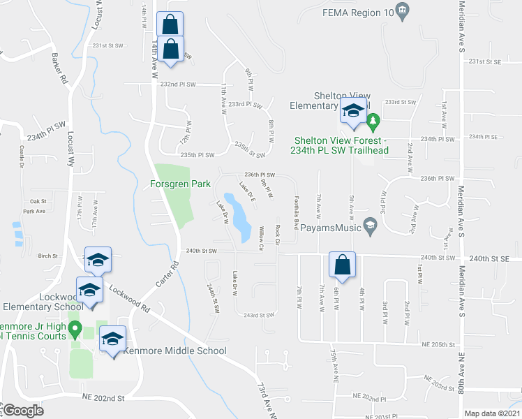map of restaurants, bars, coffee shops, grocery stores, and more near 23803 Lake Drive East in Bothell