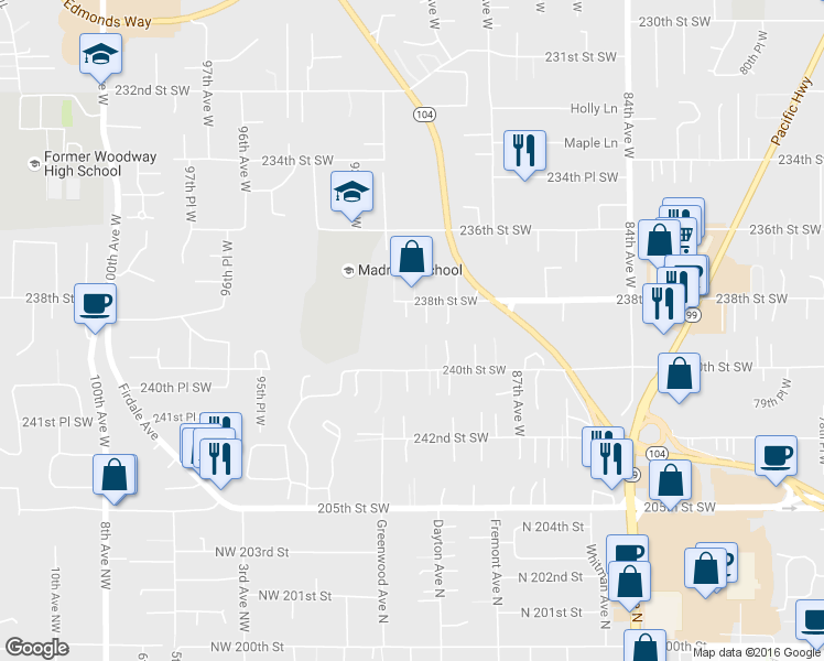 map of restaurants, bars, coffee shops, grocery stores, and more near 23824 90th Place West in Edmonds