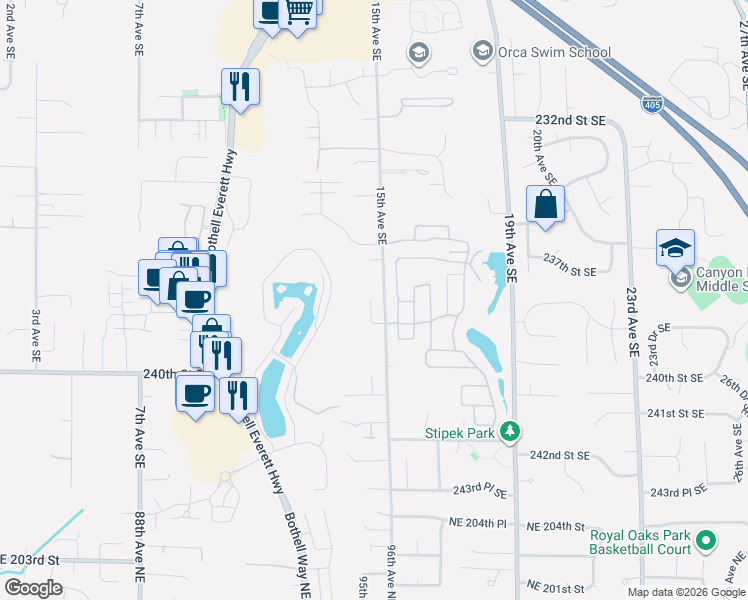map of restaurants, bars, coffee shops, grocery stores, and more near 1429 238th Street Southeast in Bothell