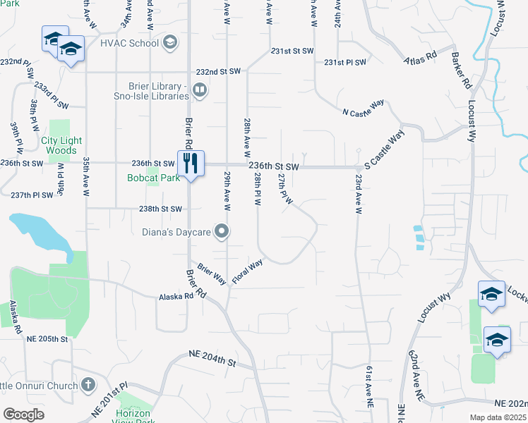 map of restaurants, bars, coffee shops, grocery stores, and more near 23823 28th Place West in Brier