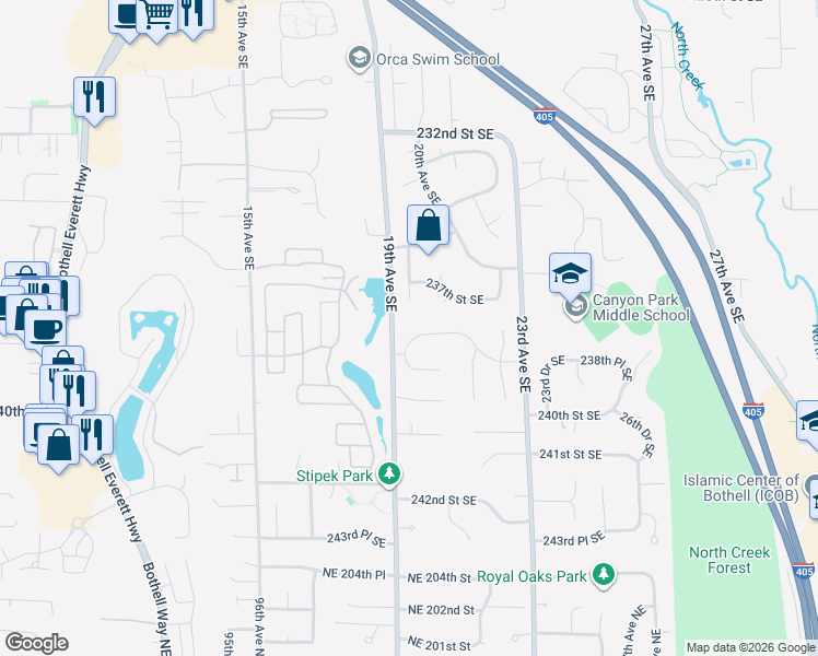 map of restaurants, bars, coffee shops, grocery stores, and more near 1921 237th Place Southeast in Bothell