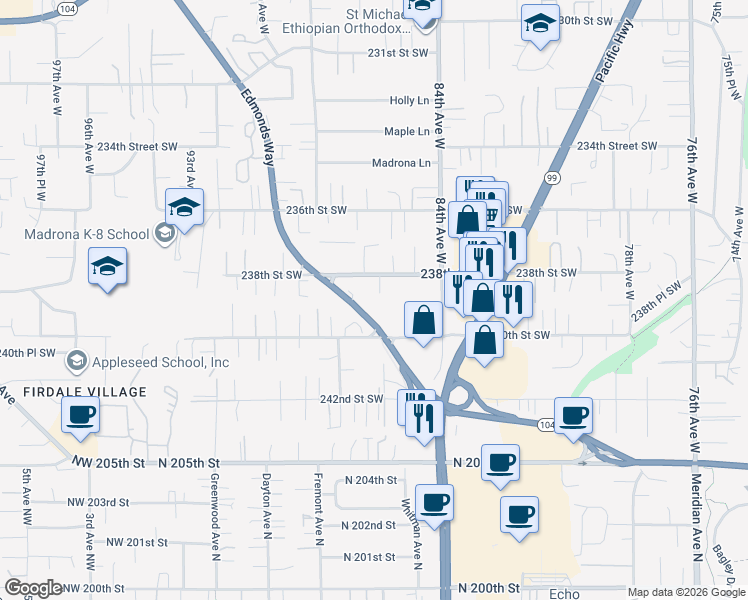 map of restaurants, bars, coffee shops, grocery stores, and more near 23828 86th Avenue West in Edmonds