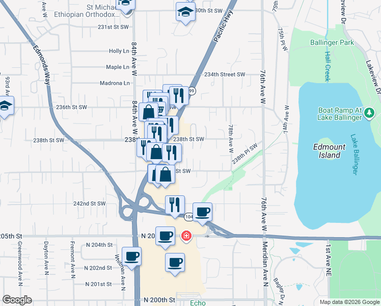 map of restaurants, bars, coffee shops, grocery stores, and more near 8012 238th Street Southwest in Edmonds