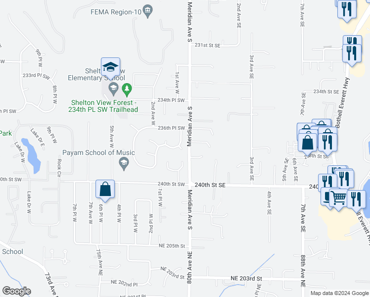 map of restaurants, bars, coffee shops, grocery stores, and more near 23707 Meridian Place West in Bothell