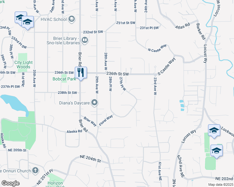 map of restaurants, bars, coffee shops, grocery stores, and more near 23823 28th Place West in Brier