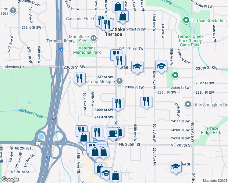 map of restaurants, bars, coffee shops, grocery stores, and more near 23806 56th Avenue West in Mountlake Terrace