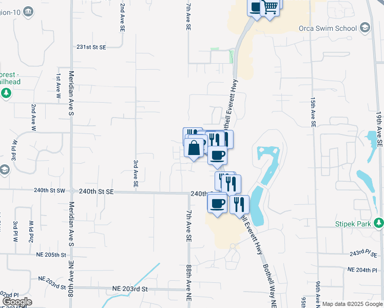 map of restaurants, bars, coffee shops, grocery stores, and more near 617 237th Place Southeast in Bothell