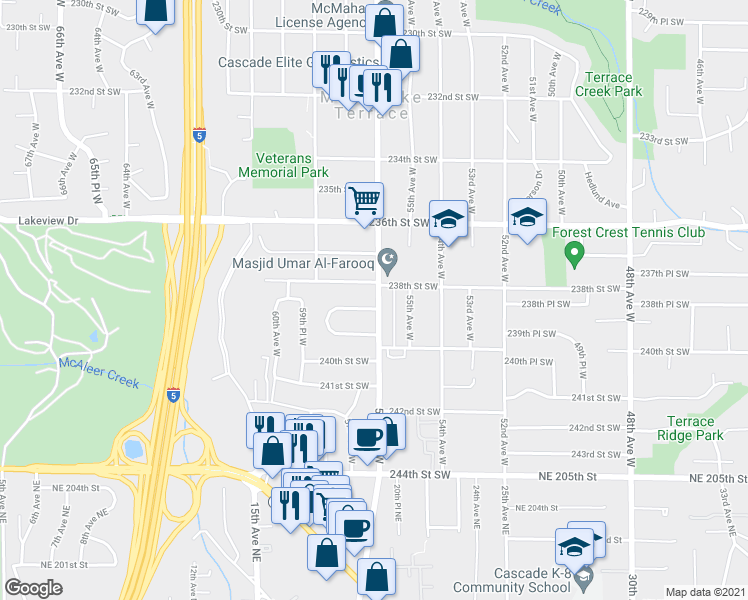 map of restaurants, bars, coffee shops, grocery stores, and more near 23806 56th Avenue West in Mountlake Terrace
