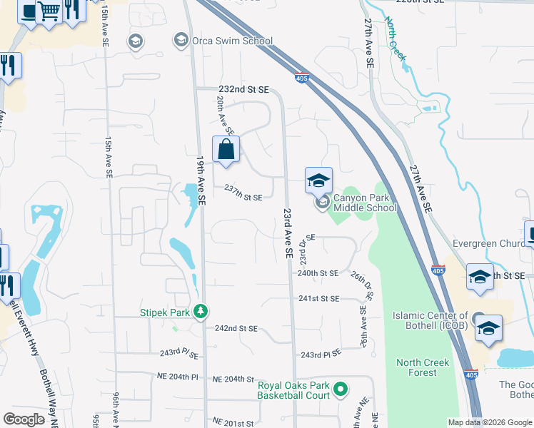 map of restaurants, bars, coffee shops, grocery stores, and more near 23714 22nd Drive Southeast in Bothell