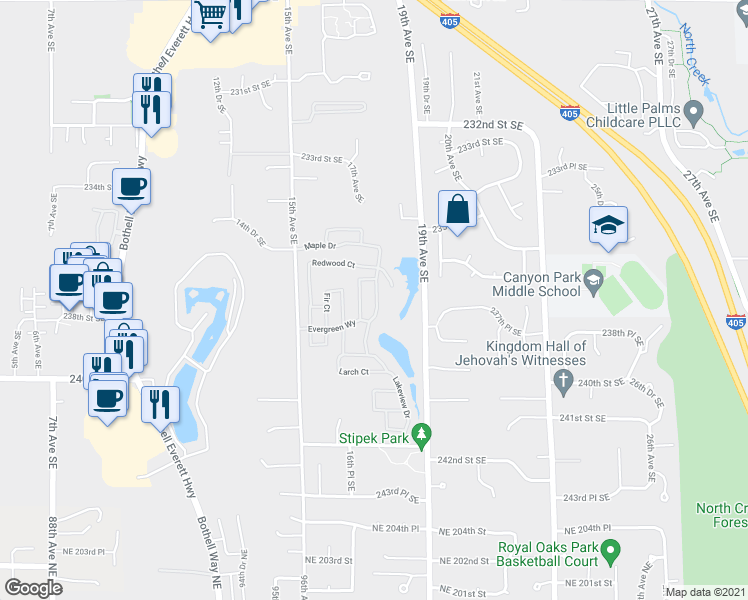 map of restaurants, bars, coffee shops, grocery stores, and more near 153 Lakeview Drive in Bothell