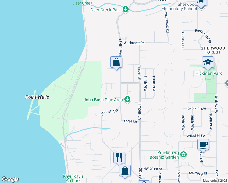 map of restaurants, bars, coffee shops, grocery stores, and more near 11432 238th Street Southwest in Woodway