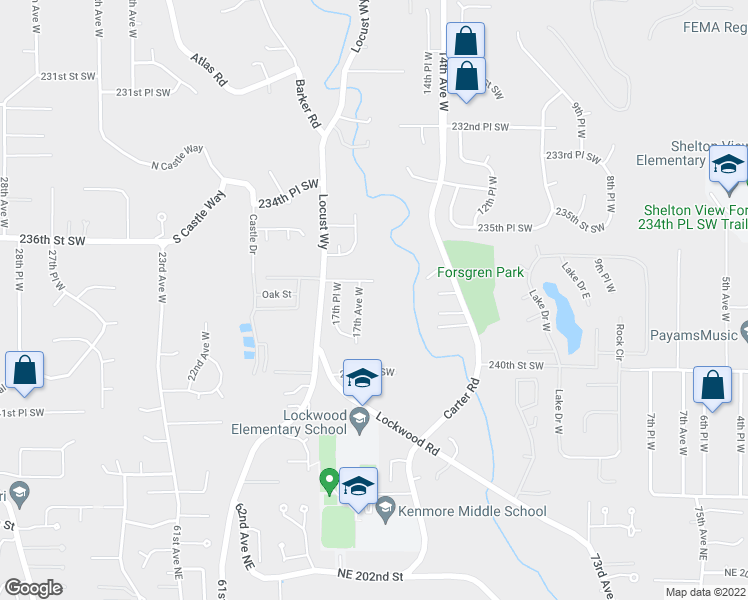 map of restaurants, bars, coffee shops, grocery stores, and more near 1614 237th Place Southwest in Bothell
