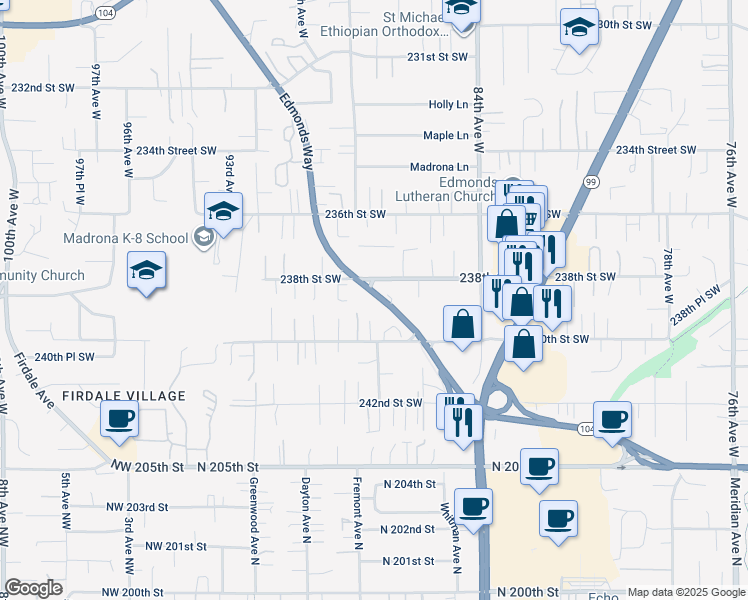 map of restaurants, bars, coffee shops, grocery stores, and more near 23830 Washington 104 in Edmonds