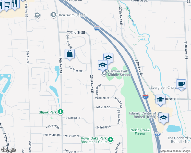 map of restaurants, bars, coffee shops, grocery stores, and more near 23723 23rd Avenue Southeast in Bothell