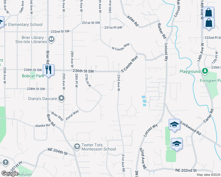 map of restaurants, bars, coffee shops, grocery stores, and more near 23730 23rd Avenue West in Bothell