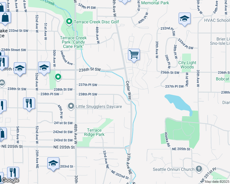 map of restaurants, bars, coffee shops, grocery stores, and more near 4317 238th Place Southwest in Mountlake Terrace