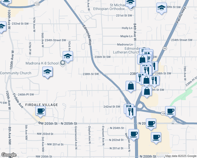 map of restaurants, bars, coffee shops, grocery stores, and more near 8828 238th Street Southwest in Edmonds